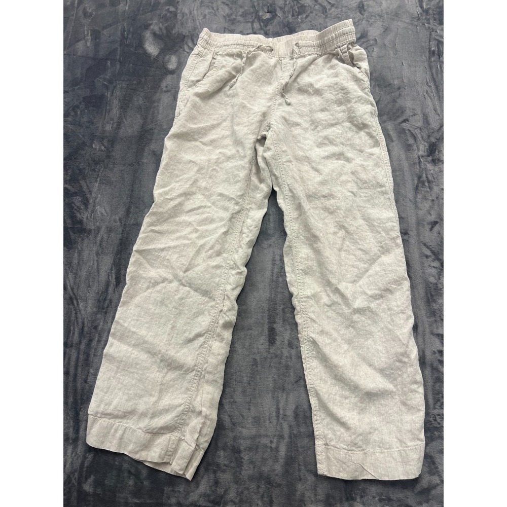 LL Bean Linen Pants Womens 12 Beige Straight Leg Mid Rise Elastic Waist Pull On